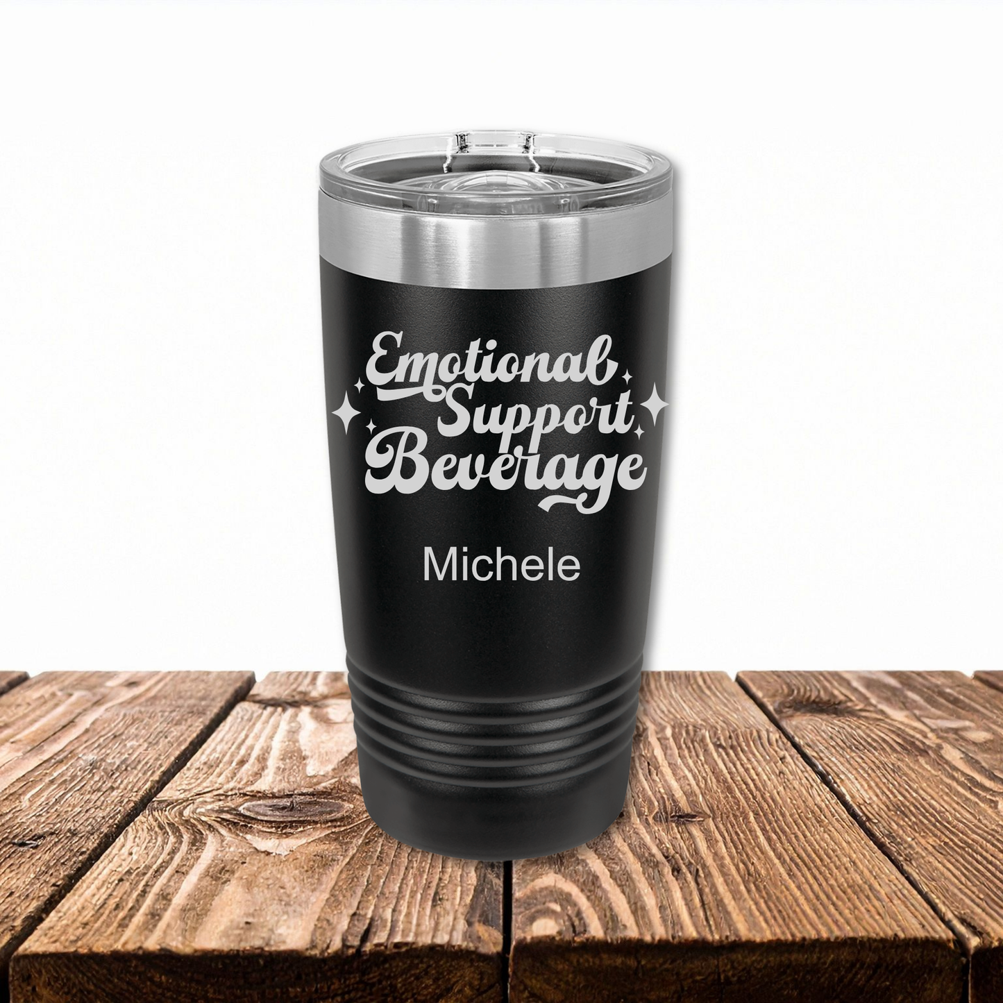 Personalized Emotional Support Beverage Tumbler in black with custom name laser engraved