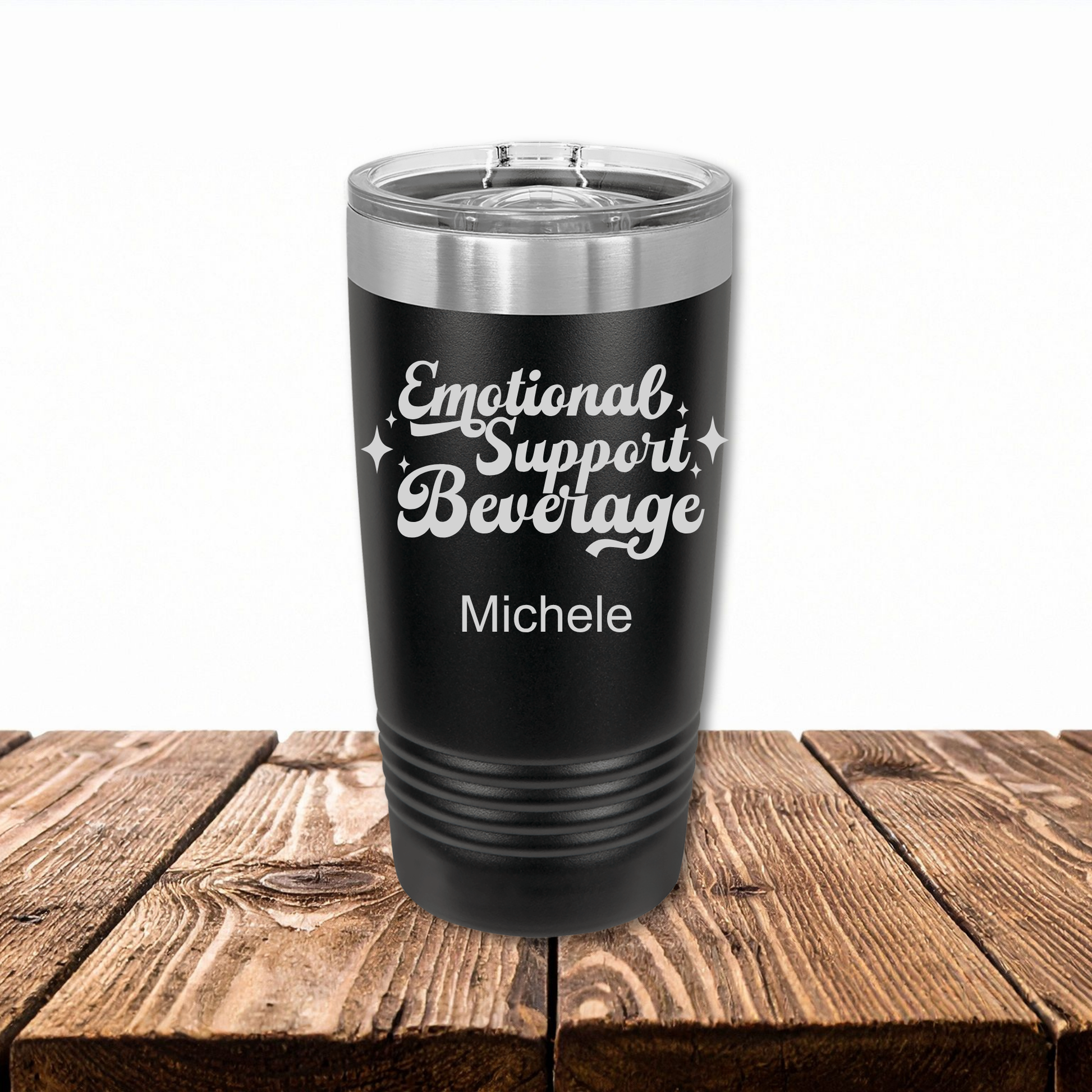 Personalized Emotional Support Beverage Tumbler in black with custom name laser engraved