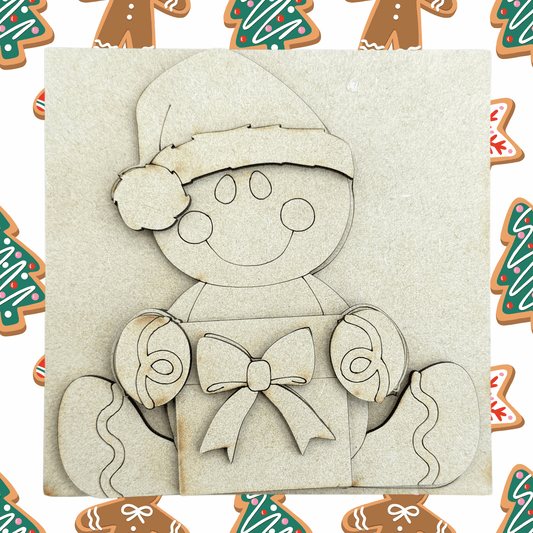 Gingerbread Craft DIY Paint Project, 4.25" Interchangeable Square Sign Insert, Gingerbread Man With Gift