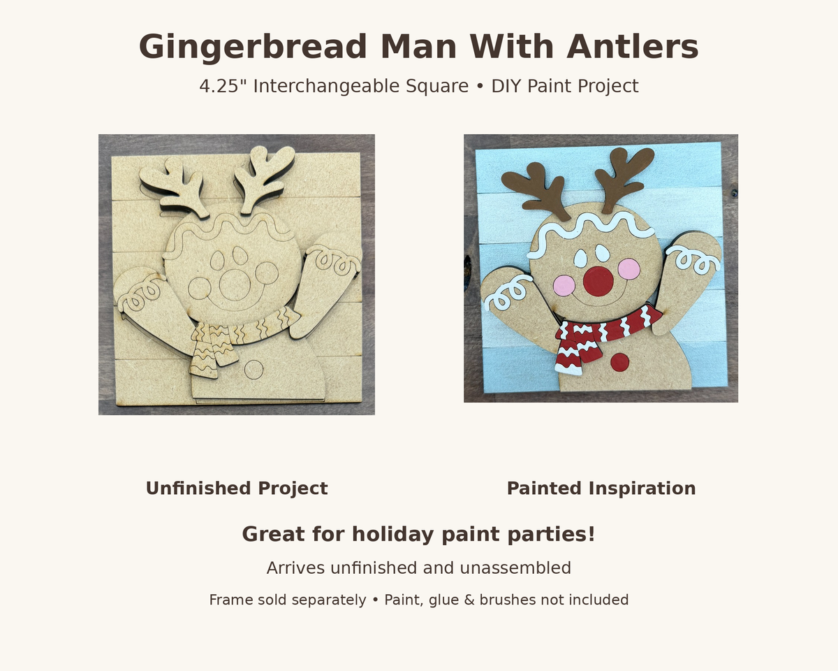 Gingerbread Craft With Antlers, 4.25" Square Interchangeable Sign Insert, DIY Christmas Paint Project