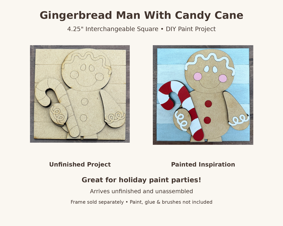 Gingerbread DIY Paint Project, Candy Cane Man 4.25" Square Interchangeable Sign Insert