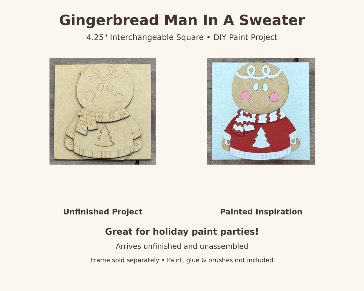 Gingerbread DIY Paint Project, Sweater Man 4.25" Square Interchangeable Sign Insert