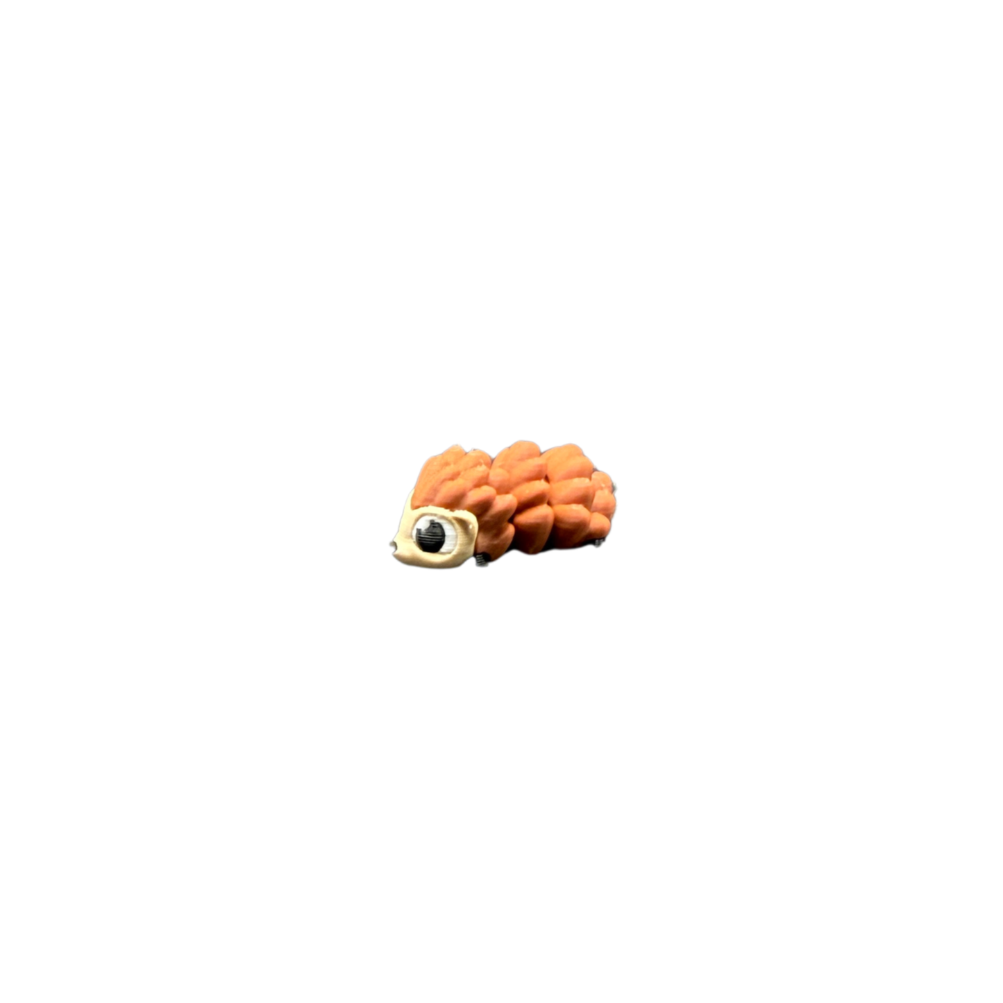3D printed articulated hedgehog miniature fidget toy in terracotta orange on white background