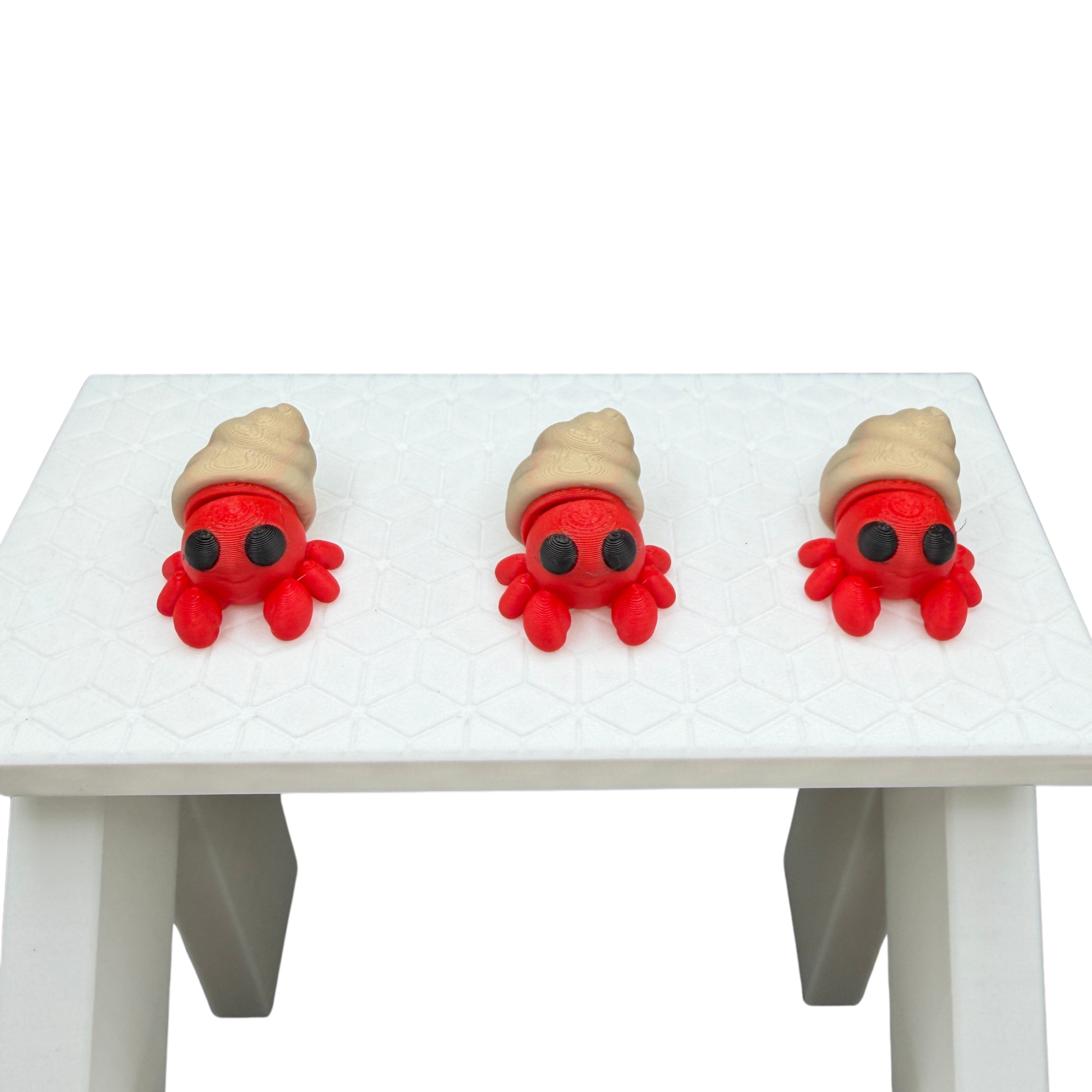 Close-up of flexible articulated legs on 3D printed hermit crab ocean toy