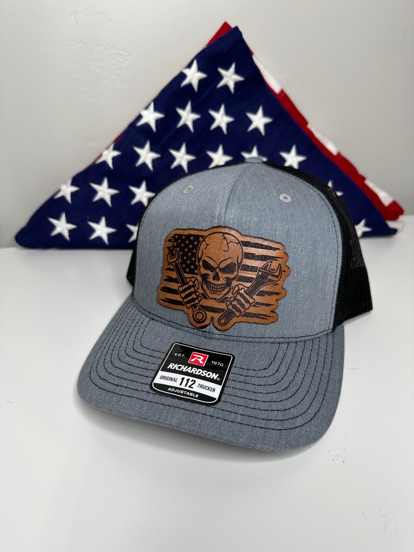 Mechanic Skull with American Flag Hat
