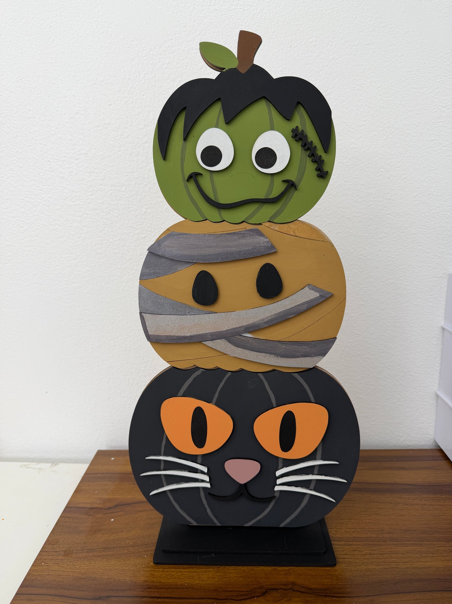 Stacked Frankenstein Mummy Black Cat Pumpkin Sitter