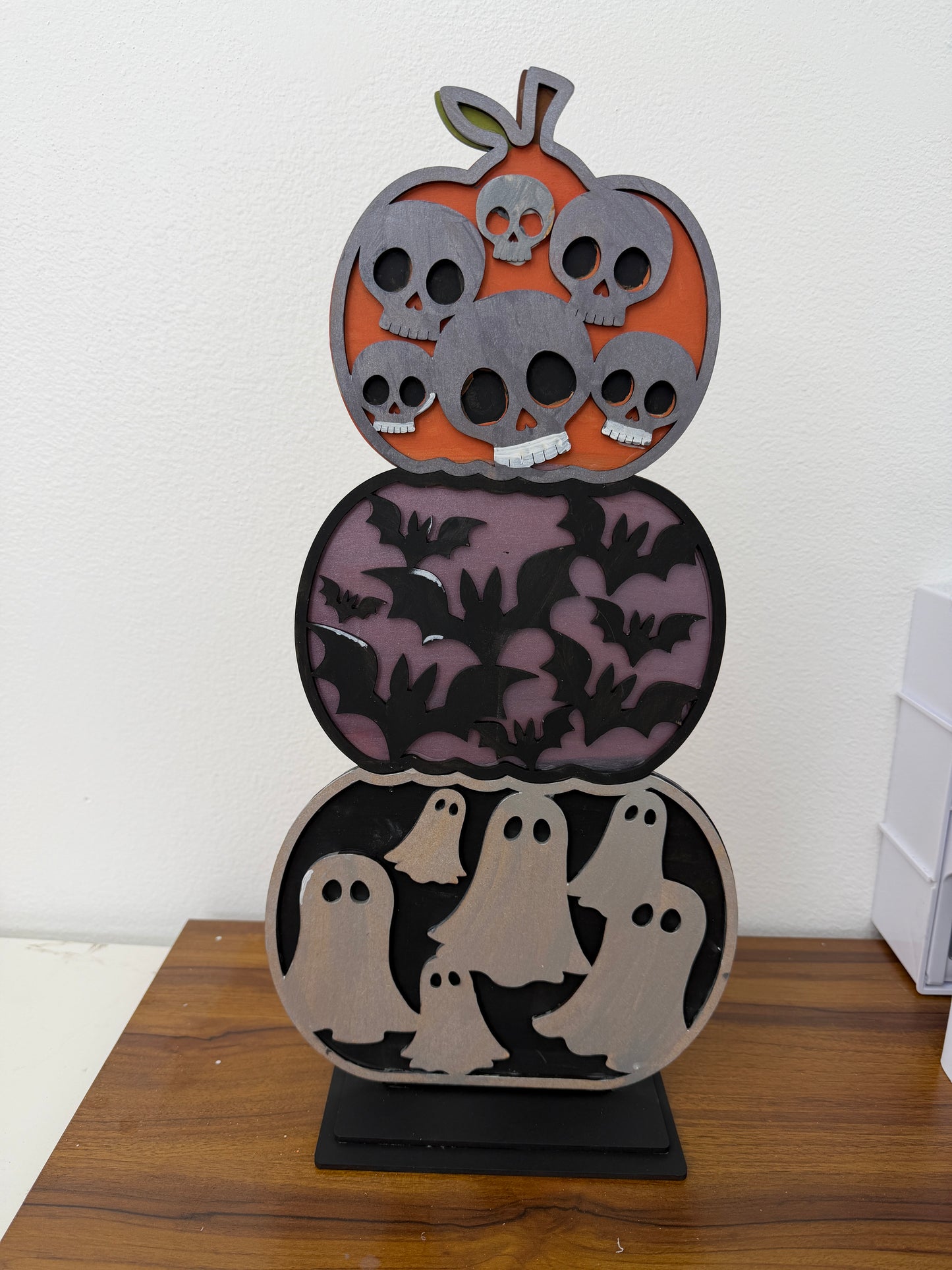 Stacked Pumpkin Skulls Bats Ghosts Sitter Halloween Wood Deco