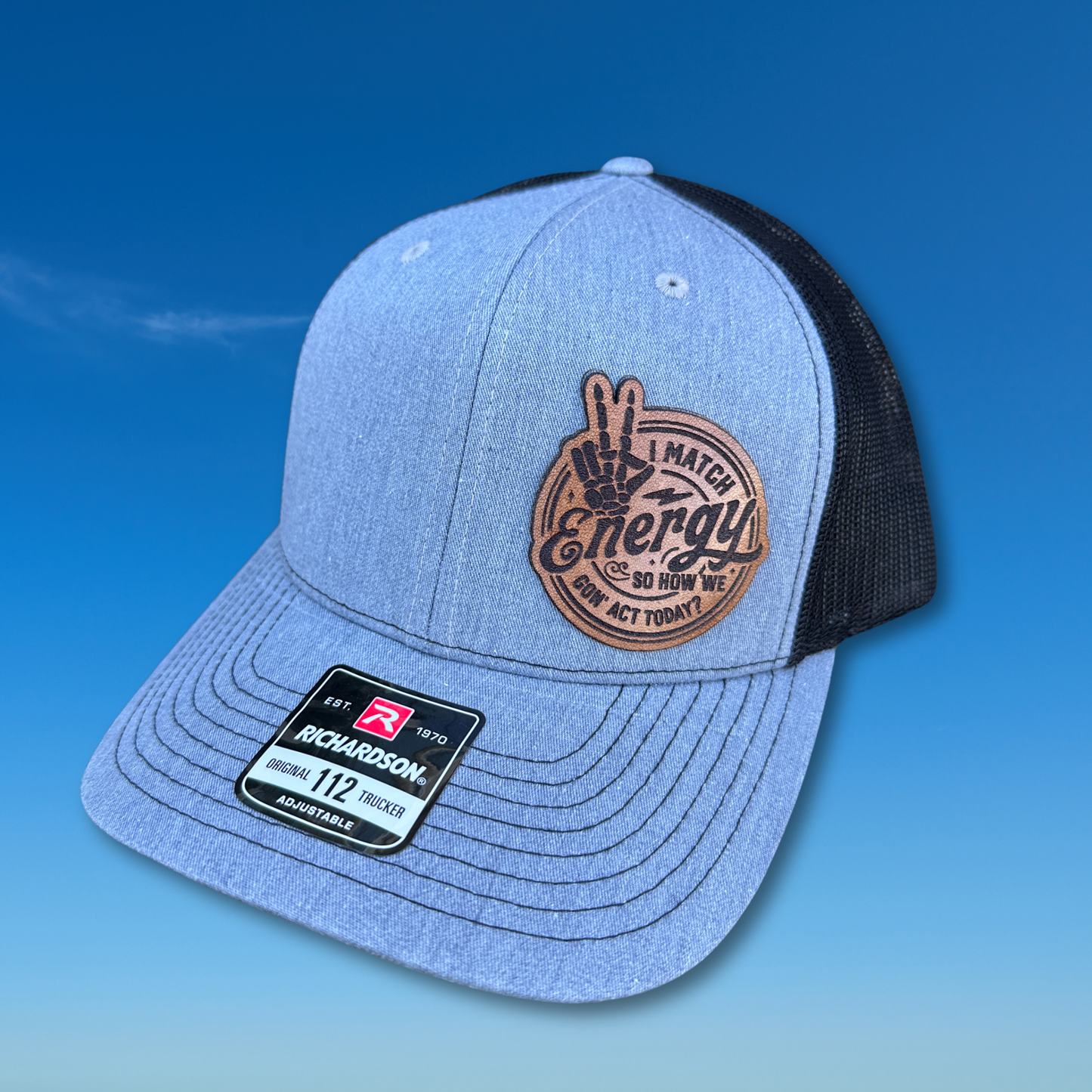 Laser engraved leather patch trucker hat heather grey I match energy Richardson 112 snapback