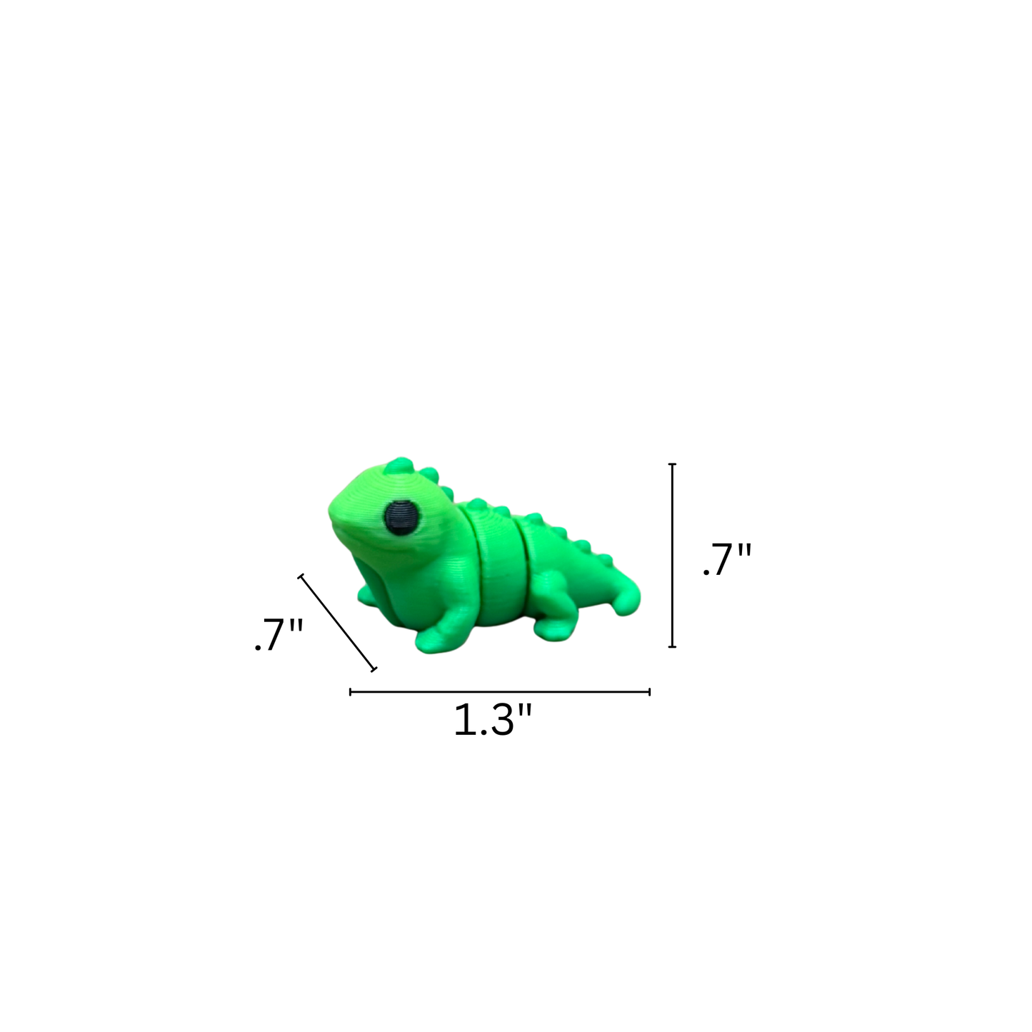 Three angles of 3D printed articulated iguana fidget toy — front, side, and rear views