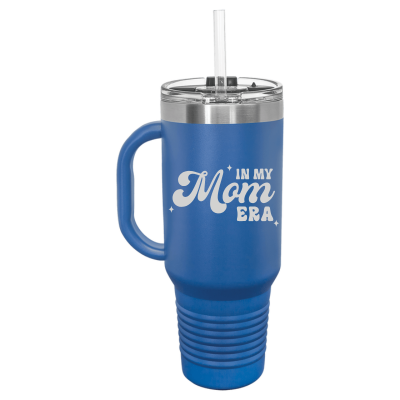 40oz insulated travel mug with handle and straw – In My Mom Era engraving, personalized Mother’s Day gift