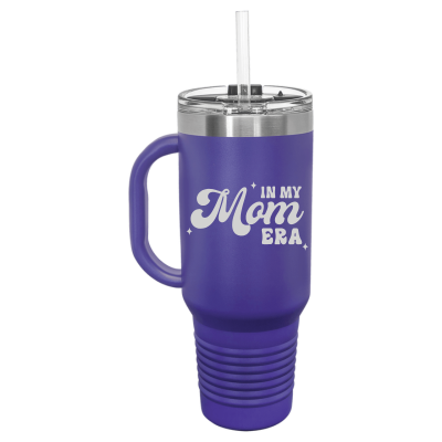 Laser engraved 40oz tumbler – In My Mom Era quote, customizable stainless steel travel mug for mom