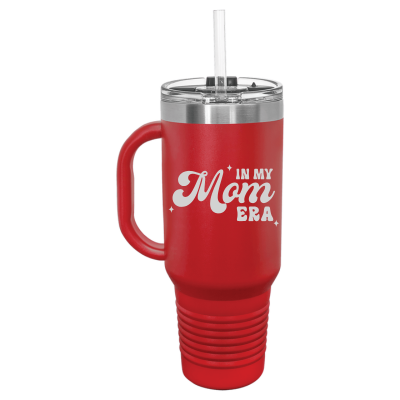 Laser engraved 40oz tumbler – In My Mom Era quote, customizable stainless steel travel mug for mom
