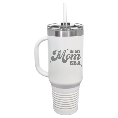 40oz stainless steel travel mug with handle and straw – engraved In My Mom Era design, insulated tumbler with personalization option