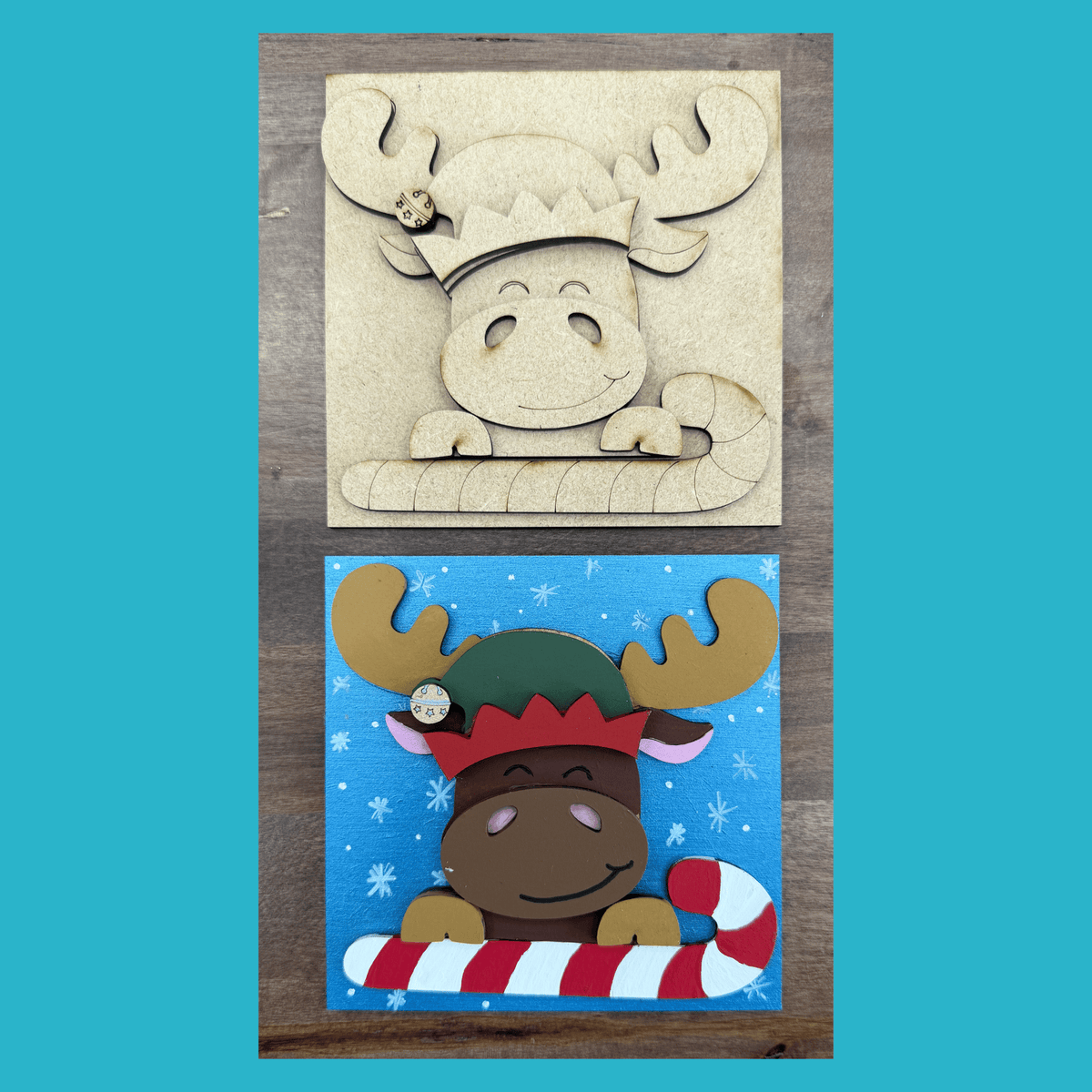 Unfinished Christmas Moose with Candy Cane Wood Sign | 4.25 Inch Interchangeable Sign