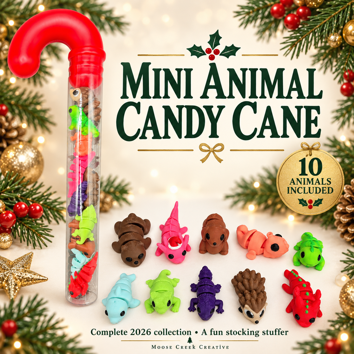 - Candy Cane Animals: Christmas candy cane filled with 10 colorful mini 3D-printed articulated animals