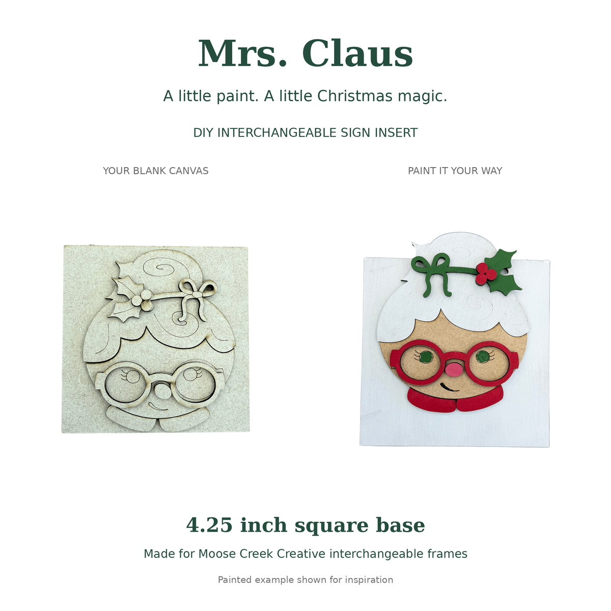 Mrs Claus Paint Project Sign |4.25 Inch Square DIY Christmas Insert for Interchangeable Frames