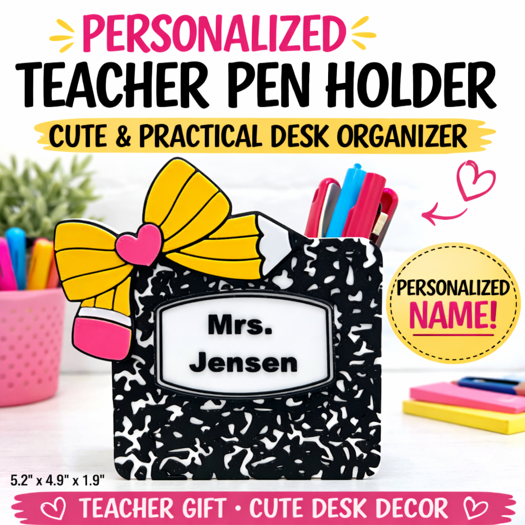 Personalized Teacher Pen Holder – Composition Notebook Desk Organizer with Pencil Bow | Teacher Desk Decor