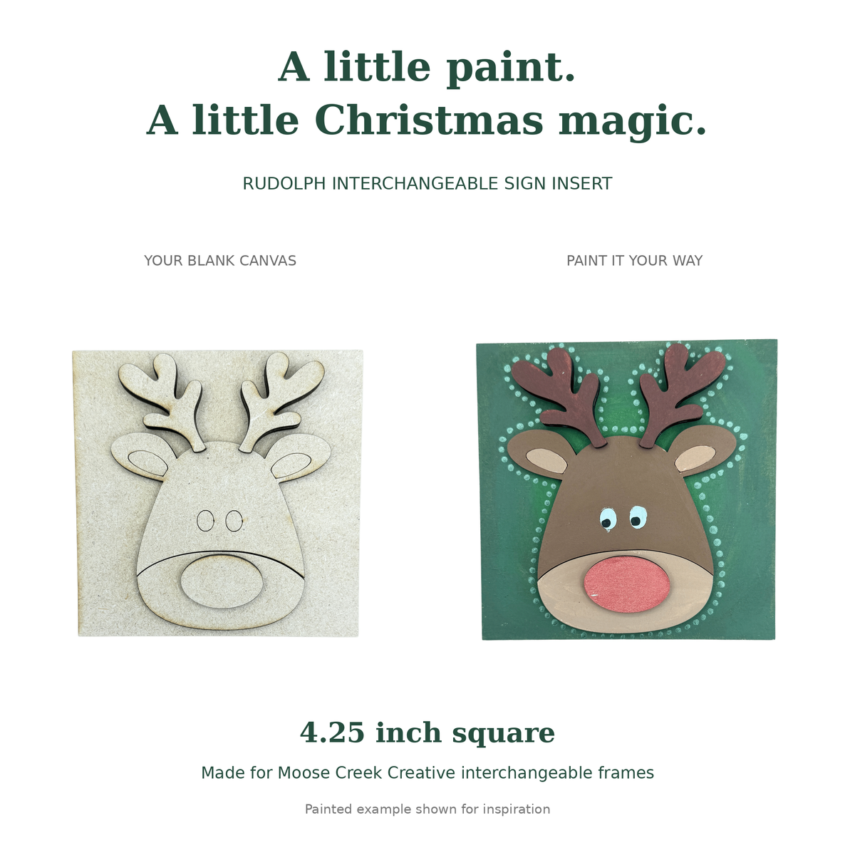 Reindeer Sign DIY Paint Project | 4.25 Inch Square Insert Rudolph DIY Paint Project for Interchangeable Frames