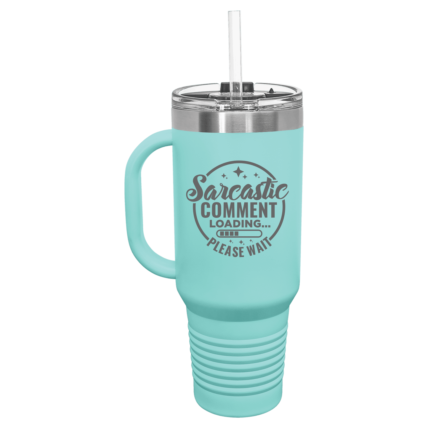 Close up of laser engraved sarcastic tumbler personalized with name permanent engraving on powder coated steel