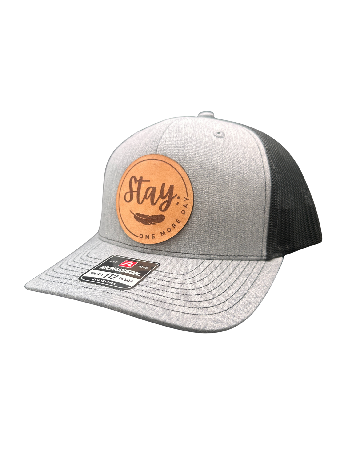 Stay One More Day mental health awareness hat outdoor lifestyle shot — heather grey Richardson 112