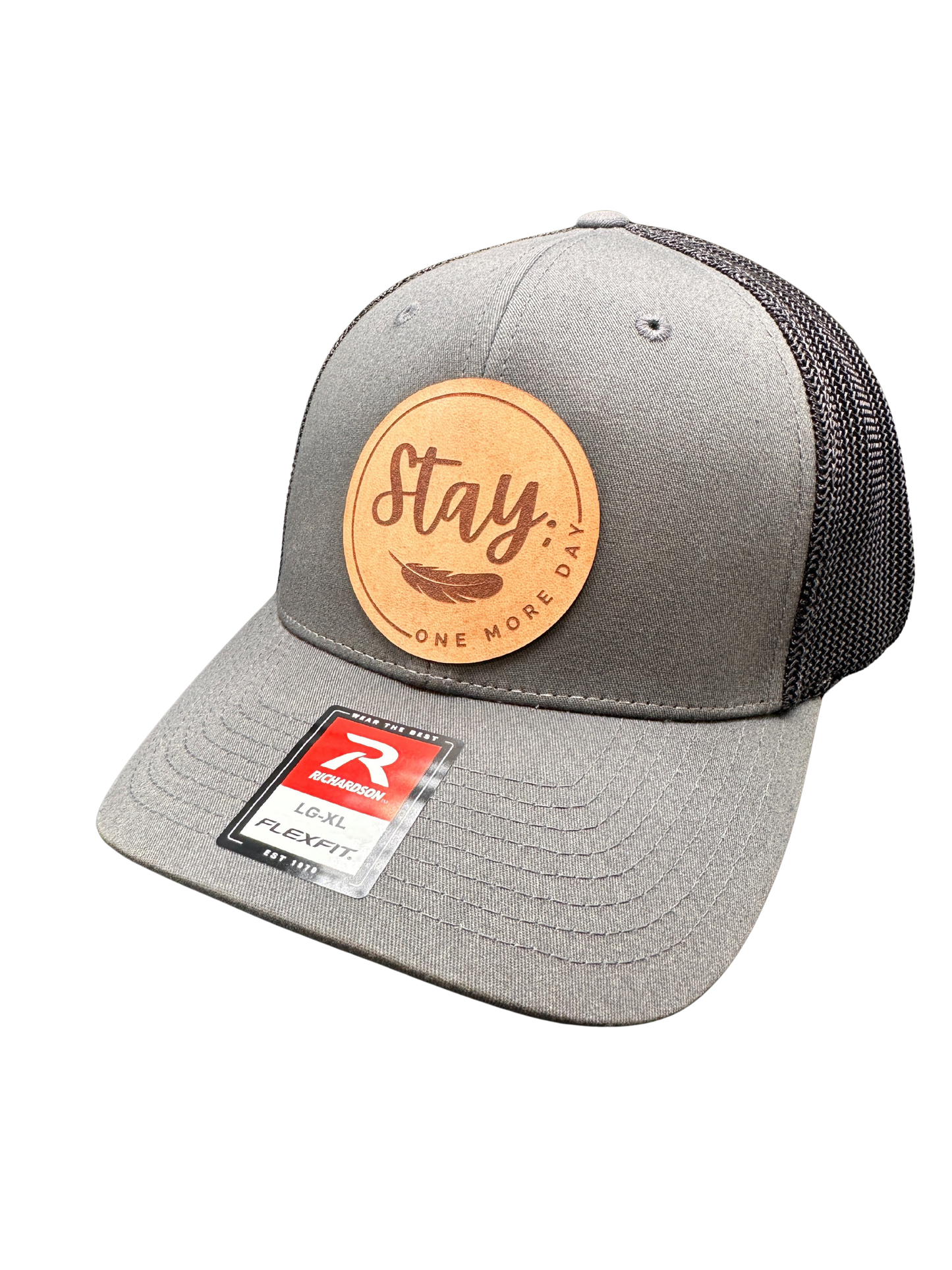 Charcoal leather patch trucker hat with laser engraved Stay One More Day suicide prevention design
