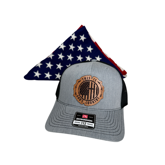 This Is God's Country laser engraved leather patch trucker hat in heather grey on Richardson 112