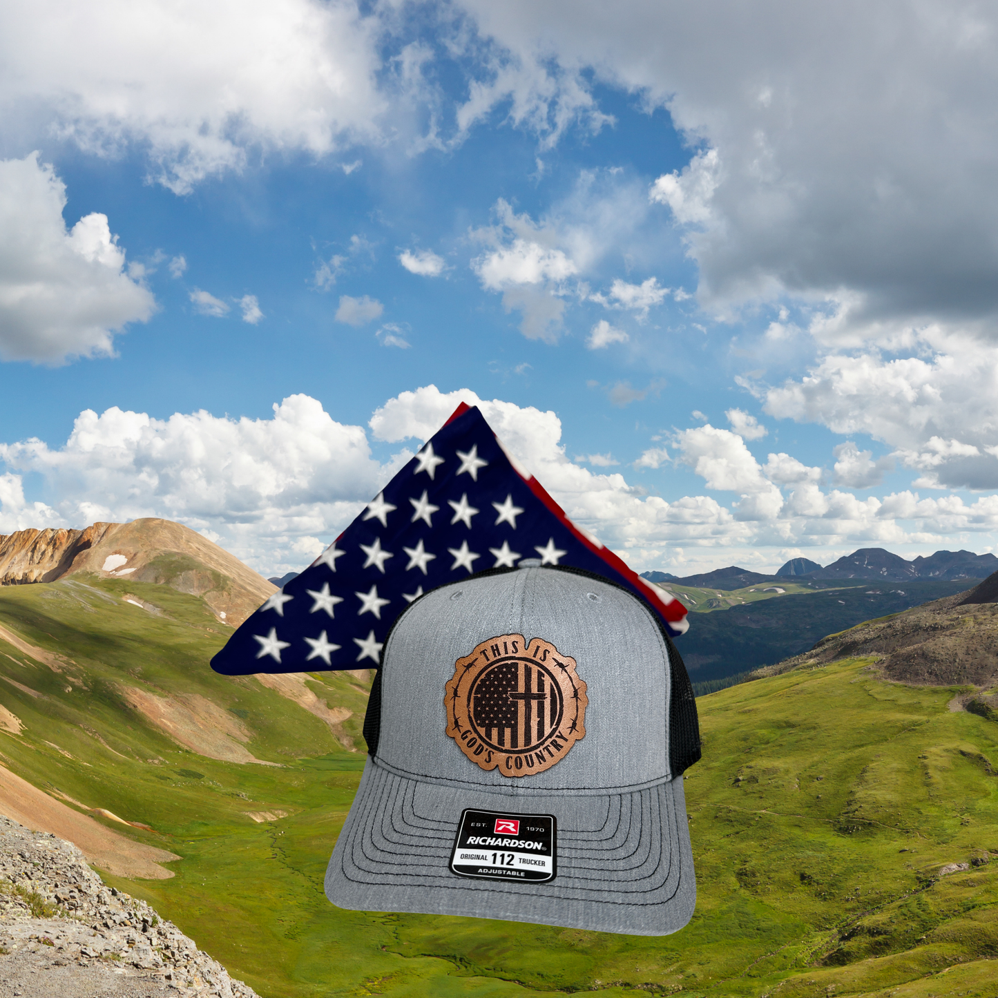 God's Country patriotic trucker hat in green camo with leather patch on Richardson 112