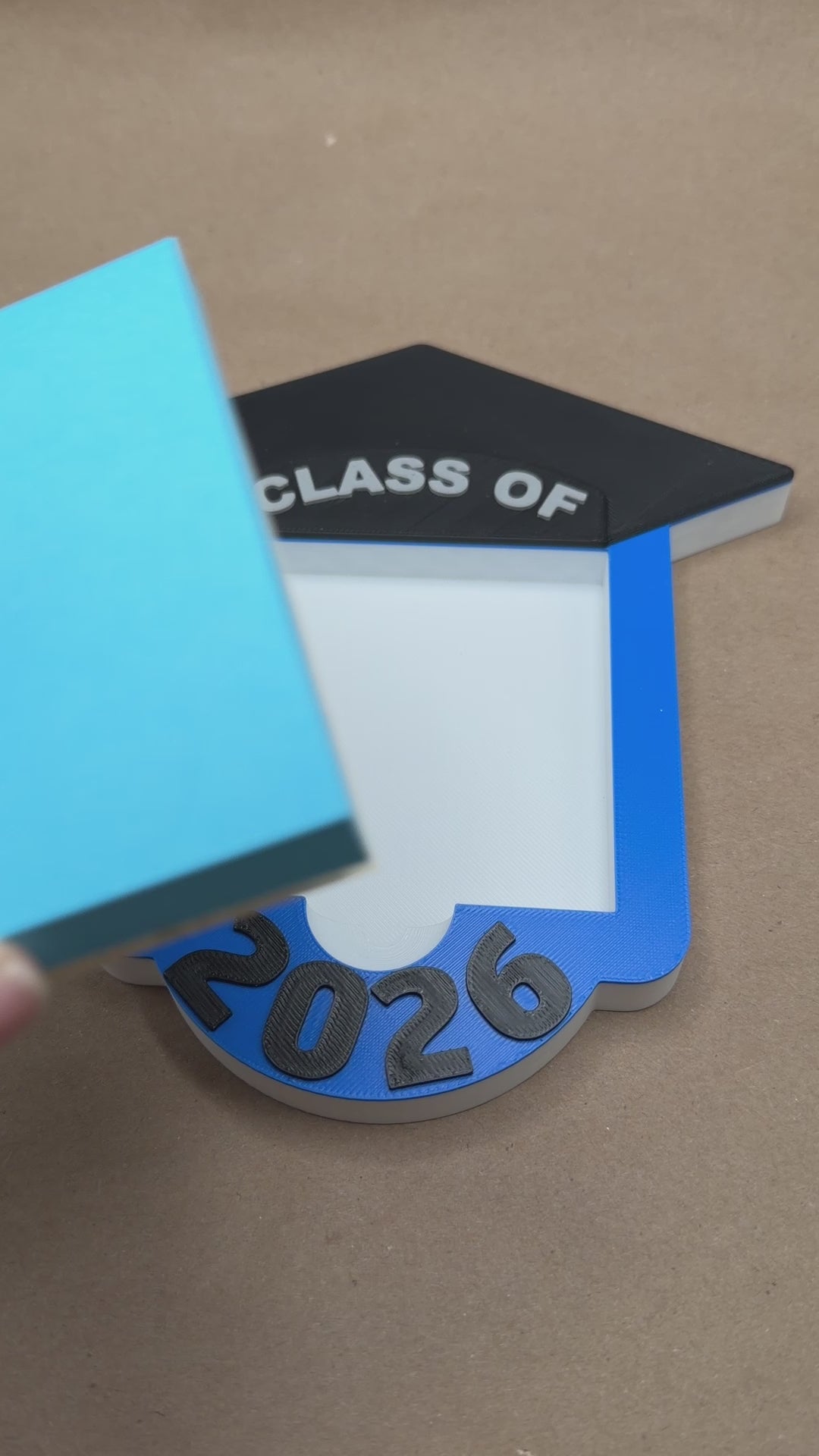 Unique graduation gift 2026 — Class of 2026 grad cap sticky note holder in blue and black, 3D printed