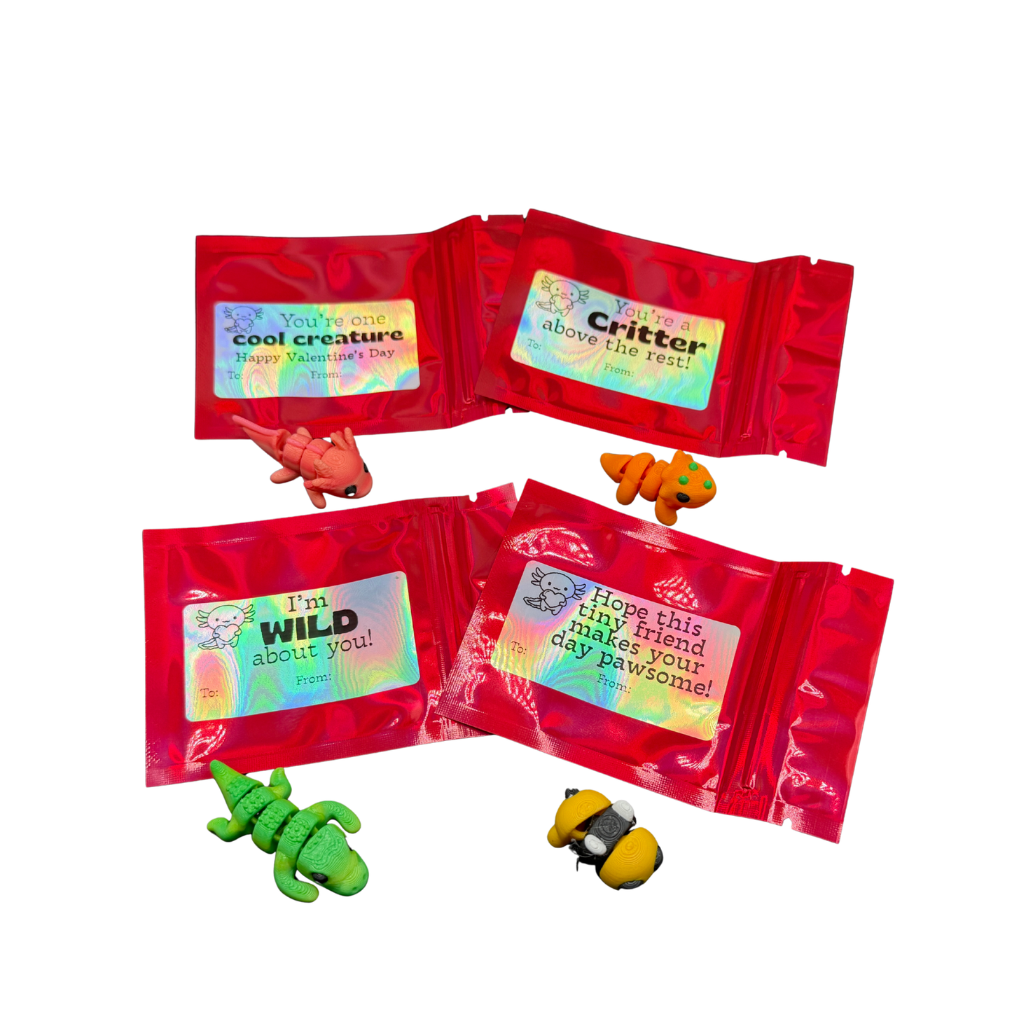 Kids Classroom Valentines with Mini 3d Printed Articulated Critters (Packs of 10)