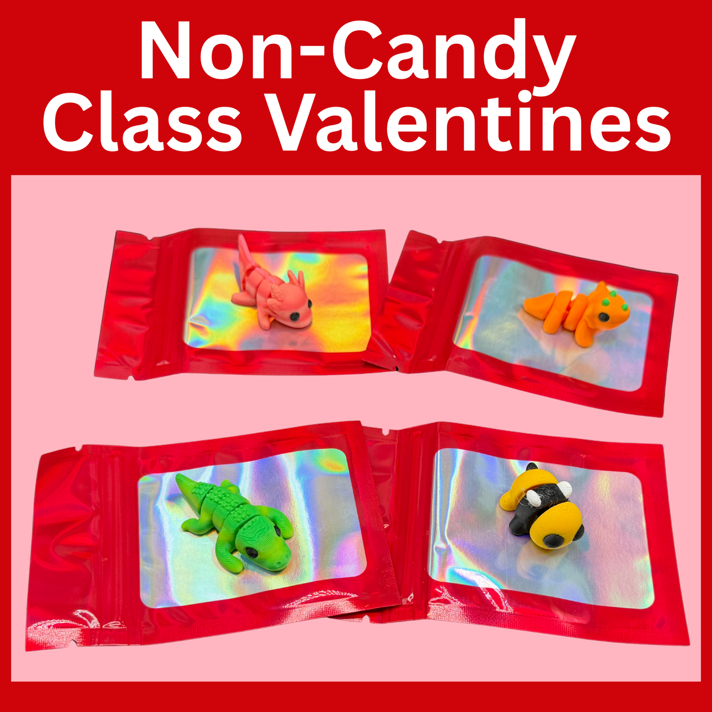 Kids Classroom Valentines with Mini 3d Printed Articulated Critters (Packs of 10)